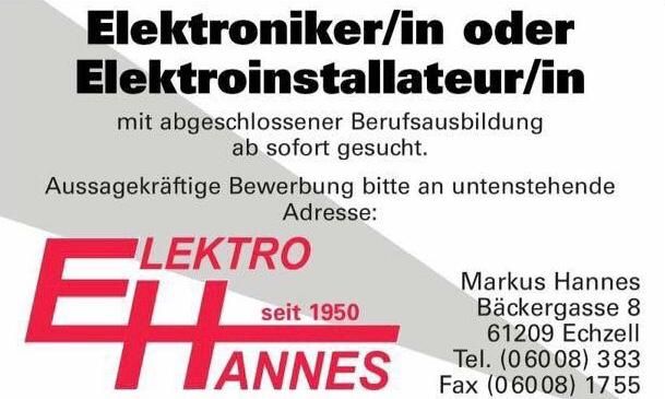 Stellenanzeige Elektroniker/in oder Elektroinstallateur/in